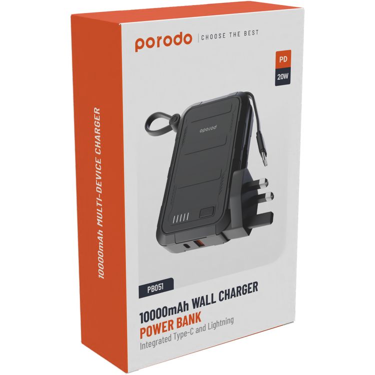  شاحن حائطي PPS من Porodo بسعة 10000 مللي أمبير في الساعة مع كابل Type-C وLightning مدمج، PD 20 وات، مخرج USB-A 22.5 وات، 10 وات Lightning، شحن متزامن - أسود