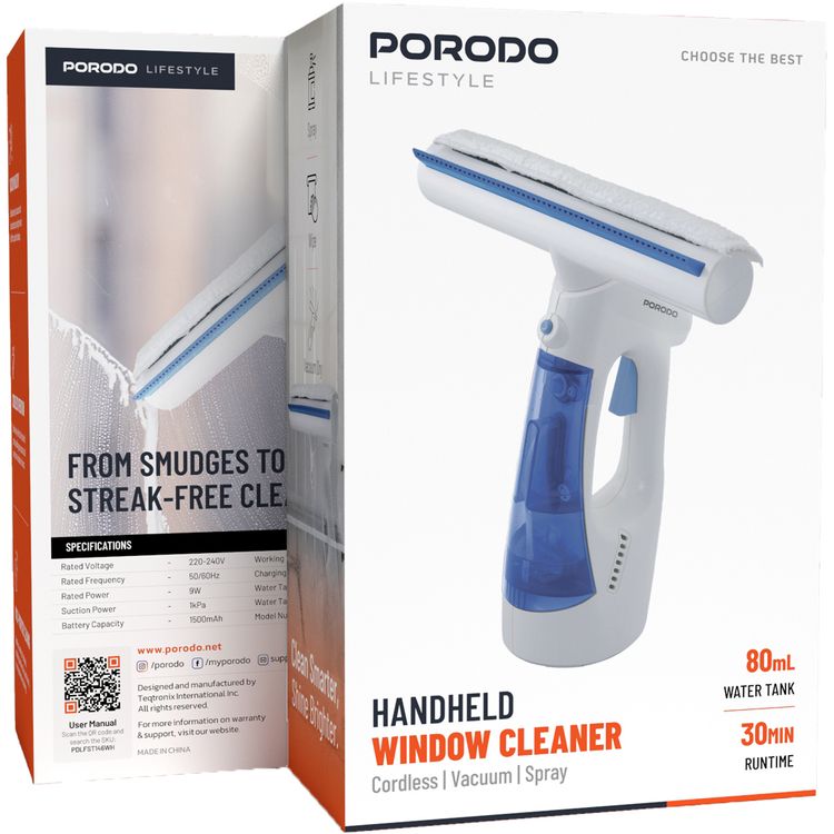 Porodo Lifestyle Cordless Window Vacuum Cleaner with Dual-Tank Design, Up to 30 Minutes of Working Time, 1kPa Suction Power, Spray, Wipe & Vacuum Dry Functions, 9W Rated Power - White