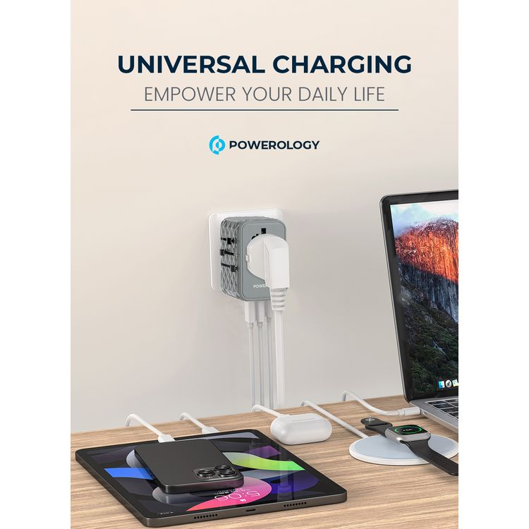 Powerology 65W PD Universal Multi-Port Travel Adapter with Triple USB-C Outputs, Universal Plugs, Combined Output Mode, Lightweight & Portable, Travel Friendly - Gray
