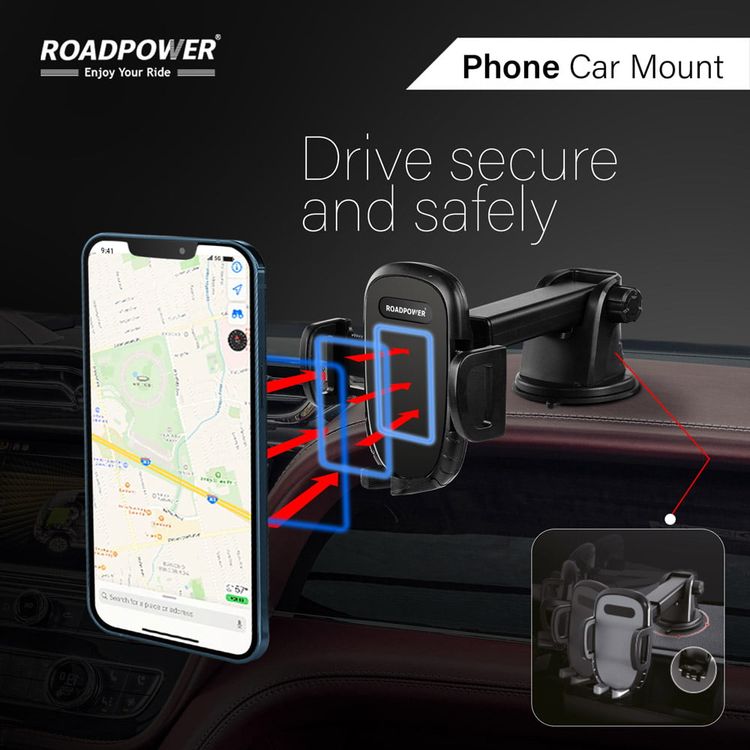 حامل الهاتف المحمول للسيارة من RoadPower، حامل الهاتف على الزجاج الأمامي، متوافق مع جميع الأجهزة المحمولة