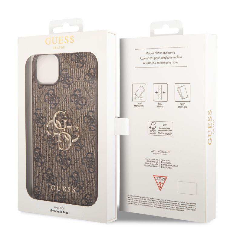Guess PU Leather 4G Classic and Stylish Case with Big Metal Logo iPhone 14 Plus Compatibility - Brown