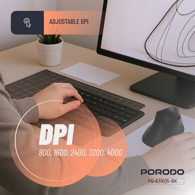 ماوس لاسلكي عمودي بدقة 4000 نقطة في البوصة من بورودو مع بطارية بسعة 500 مللي أمبير في الساعة، إصدار بلوتوث 5.1، نطاق فعال 10 أمتار، اتصال لاسلكي 2.4 جيجا هرتز، دقة قابلة للتعديل، توصيل وتشغيل، تصميم مريح - أسود