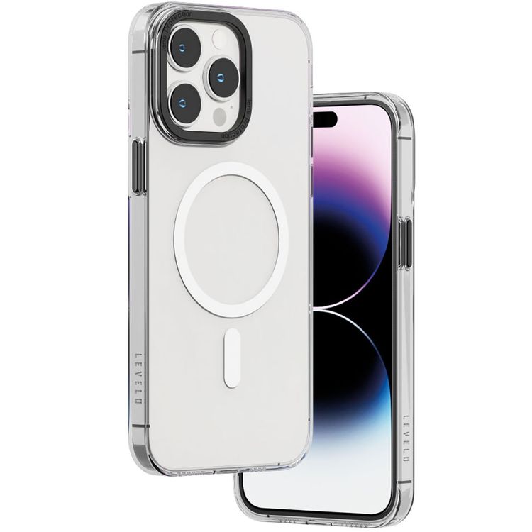 غطاء خلفي شفاف من Levelo MagSafe Sensa لهاتف iPhone 14 Pro Max، حلقة كاميرا معدنية، حواف مقاومة للصدمات، شفاف للغاية، سهل التركيب - شفاف/رمادي