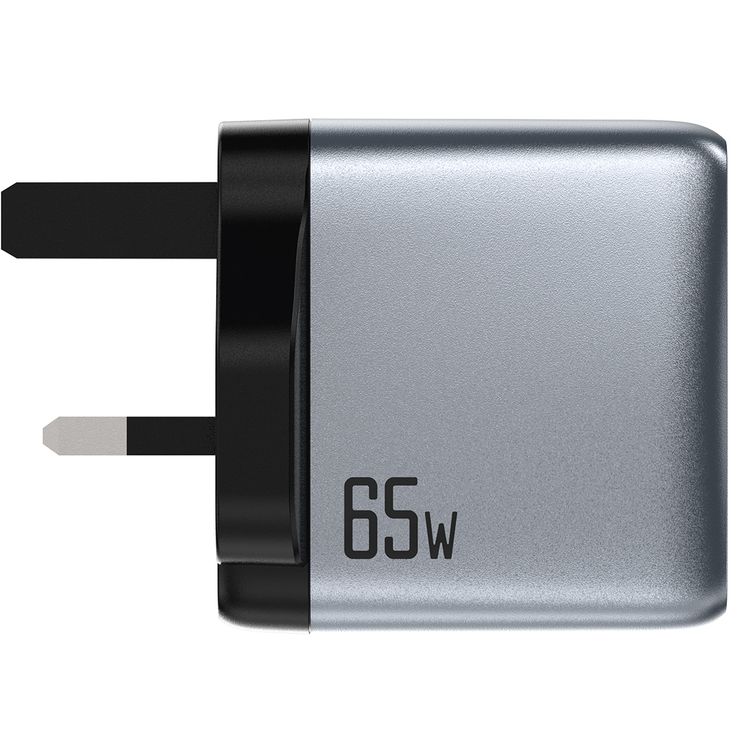 Green Lion GaNPremium UK Plug Wall Charger with 65W Power Delivery, 0%-50% Charge in 30 Minutes, PC Flame Retardant Material, Multiple Protection, Dual USB-C & USB-A Ports - Gray