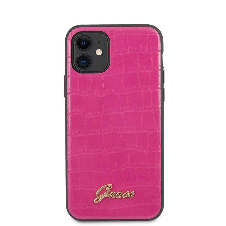 CG Mobile Guess PU Croco Print Phone Case with Metal Logo Compatible for iPhone 11 (6.1") Shock & Scratch Resistant Officially Licensed - Pink