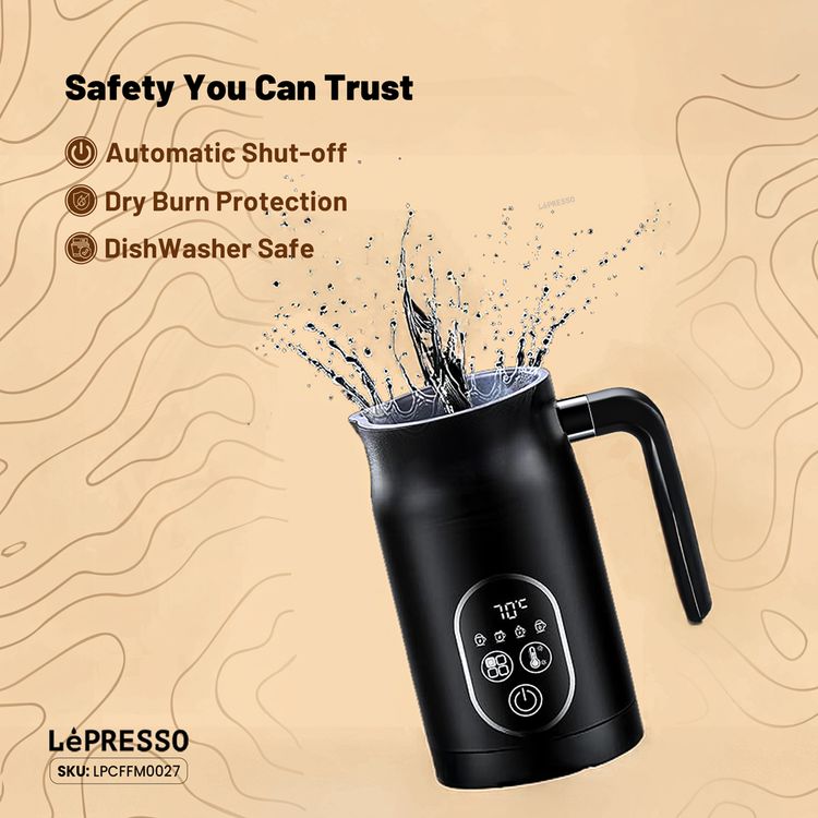 LePresso Four Froth Milk Frother, 270mL Heating Capacity, 140mL Frothing Capacity, 3-Pin UK Plug, Temperature Control - Black