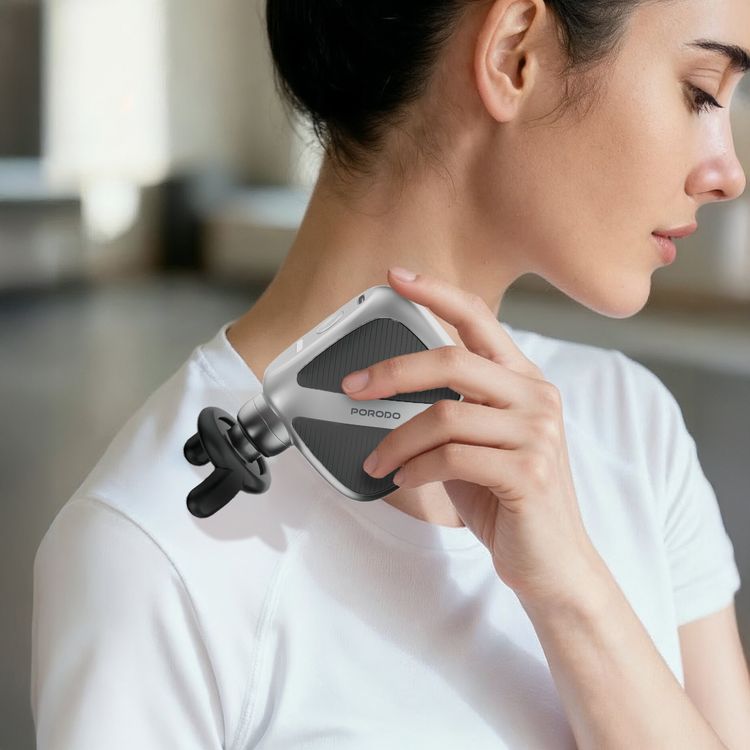 Porodo Lifestyle Pocket-Sized Muscle Relief Massager with Customizable Speed Settings, Quiet Operation Technology, 4 Speed Levels, 15 Minute Auto Shut-Off, 3 Interchangeable Heads  - Gray