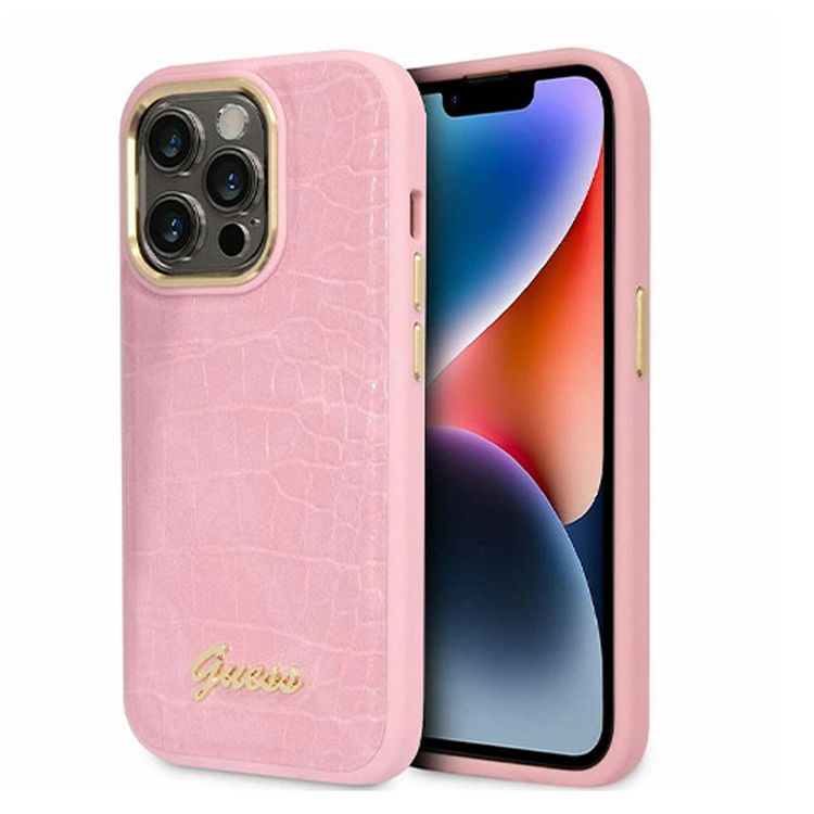 Guess PU Croco Hard Case with Script Logo for iPhone 16 Pro, Lightweight, High-Quality Material, Easy Snap-on - Pink
