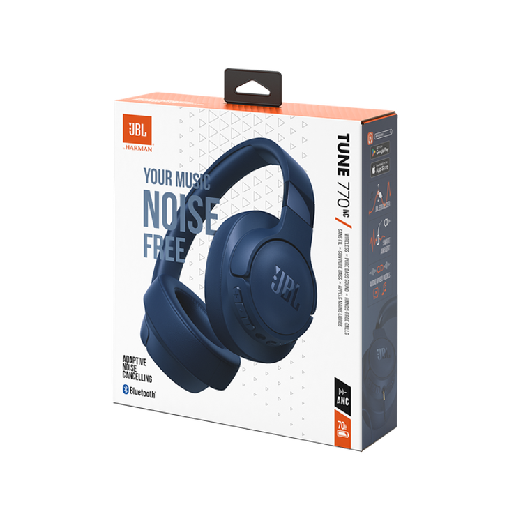 JBL Pure Bass Sound Wireless Over-Ear Headphones, Hands-Free Call, Detachable Cable, Built-in Microphone, Adaptive Noise Cancelling - Blue