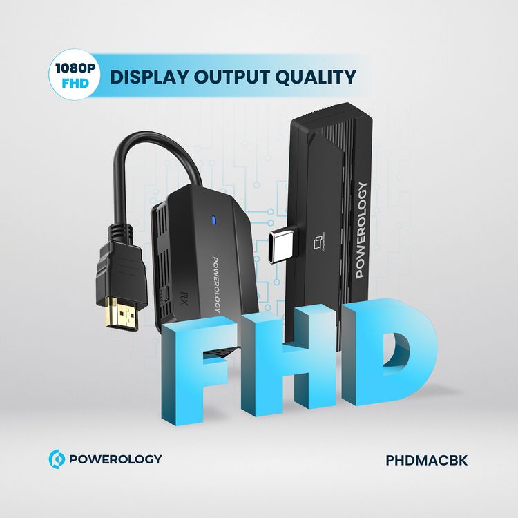 Powerology Wireless HDMI Type-C Adapter for Audio & Video with 50m Transmission Range, 1080P Resolution, Low Latency, Plug and Play - Black