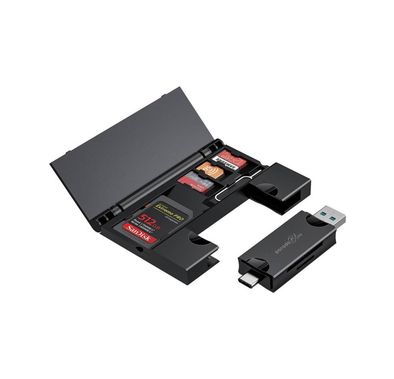 Porodo Blue 2-in-1 Card Reader with 5 Storage Slots, 5Gbps Data Transfer Speed, SD and Micro SD Card Slots, V3.0 USB and Type-C Connector, Compact and Portable - Black