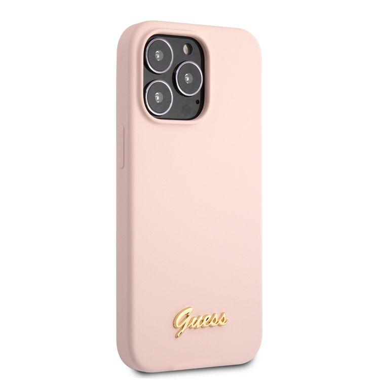 CG MOBILE Guess Liquid Silicone Case with Gold Metal Logo Script Compatible for iPhone 13 Pro (6.1") Anti-Scratch, Easy Access to All Ports, Shock Absorption