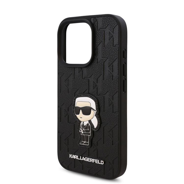 Karl Lagerfeld PU Hard Case for iPhone 16 Pro with Monogram Karl Patch, Drop Protection, Lightweight, Slim Profile, Comfortable Grip, Sustainable Packaging - Black