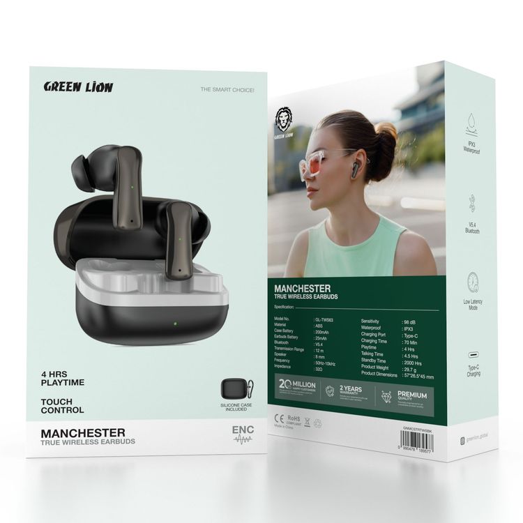 Green Lion Manchester True Wireless Earbuds with ABS Material, 25mAh Earbuds Battery, 200mAh Case Battery, Bluetooth Version 5.4, 12m Bluetooth Range, 2000 Hours Standby Time, Type-C Charging Port, 70 Minutes Charging Time, IPX3 Waterproof Level, Touch Control - Black