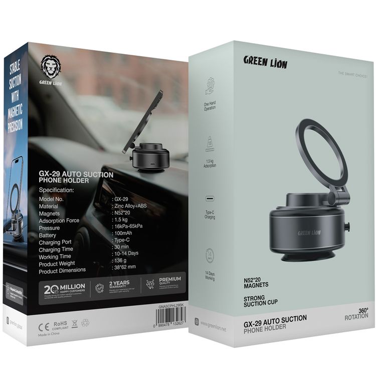 حامل الهاتف Green Lion GX-29 مع شفط تلقائي ودوران 360°، كوب شفط قوي، إمتصاص 1.5 كجم، تشغيل بيد واحدة، متوافق مع ماغسيف، شحن Type-C، وقت عمل 14 يومًا - باللون الأسود غير اللامع.