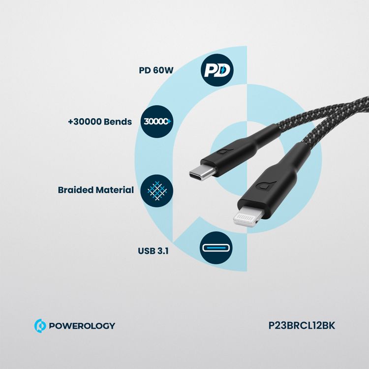 Powerology Braided USB-C to Lightning Charging Cable with Fast Charging & Data Transfer, 60W Power Delivery, Universal Compatibility, 1.2m Cable Length - Black