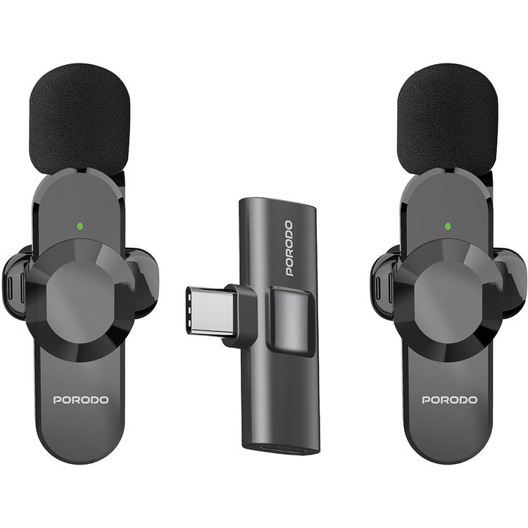 Porodo Audix Pro Lavalier Dual Microphones with Type-C & Lightning Connectoer, Up to 3 Hours Working Time, 1 Hour Charging Time, 40mAh Battery Capacity, Instant Wireless Setup, Auto Pairing Technology, Precise Reverb - Black