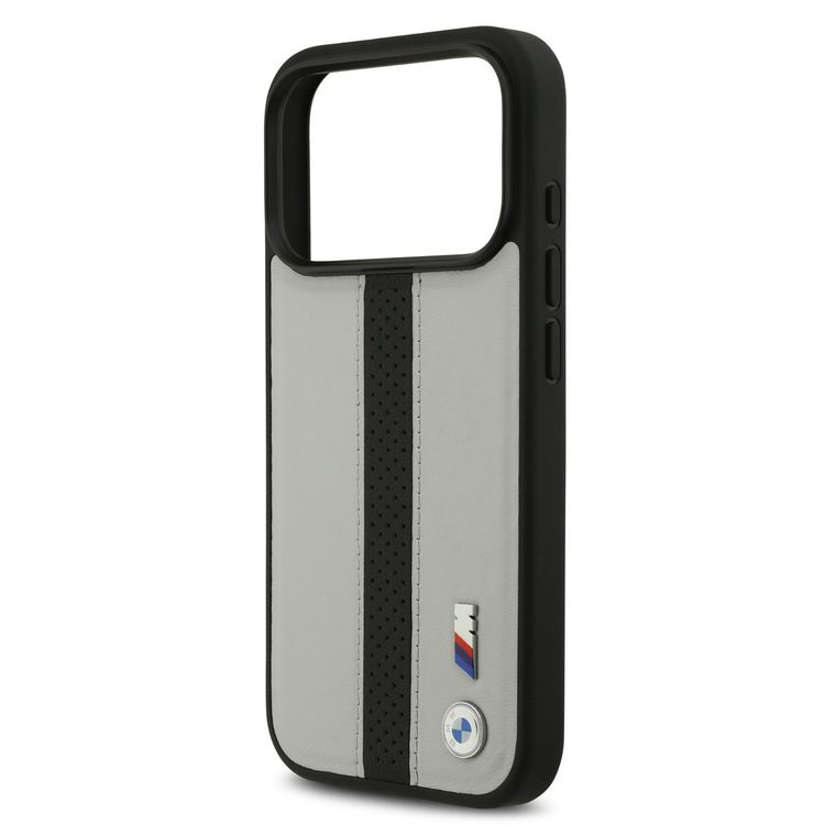 BMW PU Leather Case with Perforated Stripes & Metal Logos for iPhone 17 Pro, MagSafe Compatible, Sustainable Packaging, Drop Protection, Slim Profile, Easy Snap-On Design - Gray / Black