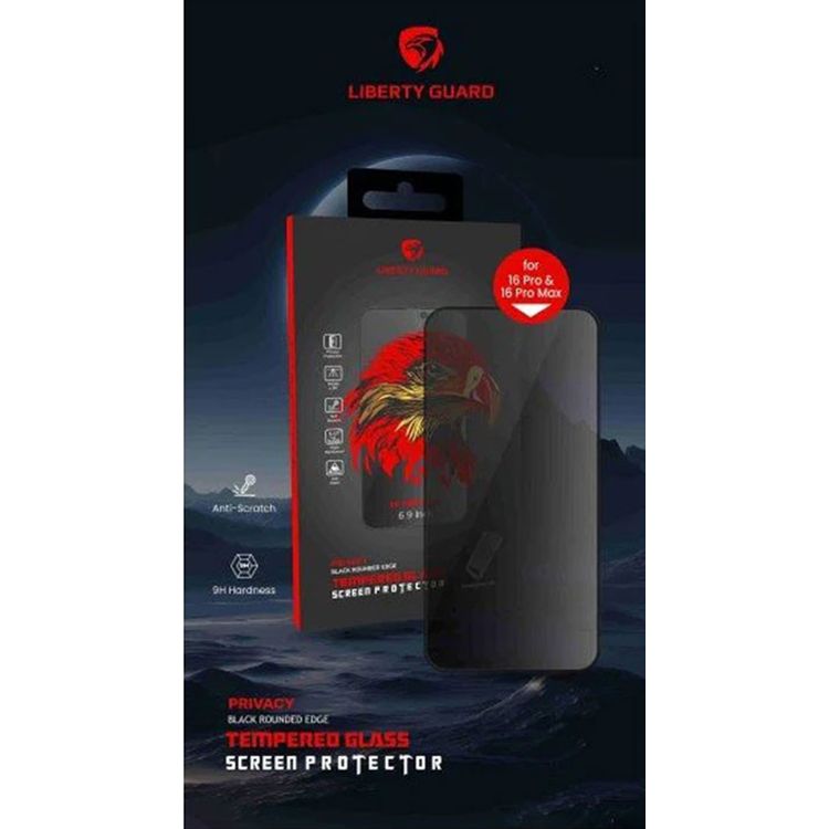 Liberty Guard Screen Protector for iPhone 16 Pro Max with Full Cover Privacy, Tempered Glass, 2.5D Rounded Edge, Anti-Corrosion Coating, 9H Hardness, Triple Reinforced, Anti-Scratch, Anti-Fingerprint, Anti-Static Function - Black