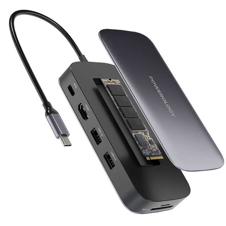 Powerology 256GB USB-C Hub & SSD Drive All in One Storage, 625MB/s Read & Write, 5Gbps Data Transfer, PD 100W, 4K HDMI - Gray