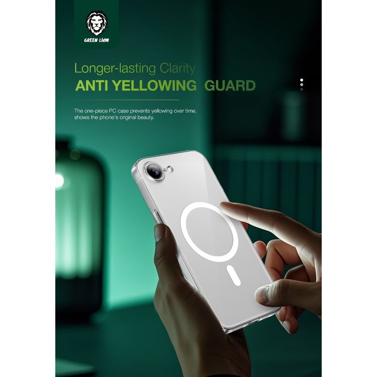 جراب Green Lion MagSafe Delgado لجهاز iPhone 16e بحواف مرتفعة، تصميم شفاف كريستالي، مغناطيسات N52 قوية، مصنوع من مادة TPU+PC صلبة، قبضة مريحة - شفاف