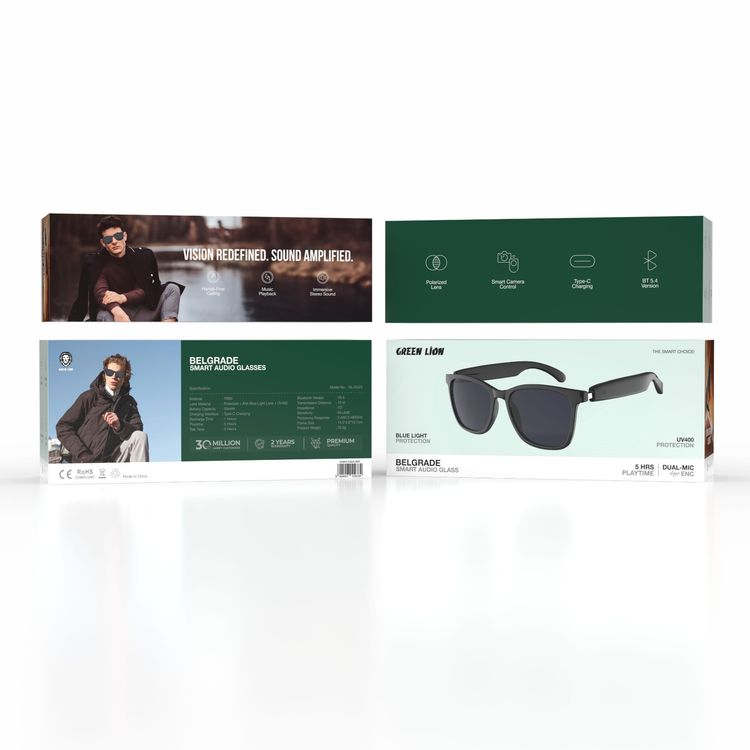 نظارات الصوت الذكية غرين ليون بلغراد بلمس التحكم، حتى 5 ساعات من وقت التشغيل، تقنية ENC، بطارية بسعة 55 مللي أمبير في الساعة، حماية UV400، مسافة انتقال تصل إلى 10 أمتار، إصدار بلوتوث 5.4 - أسود.