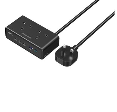 Powerology Omnix Desktop Charging Station with Dual AC Outlets, USB-A & 3 USB-C Ports, 3250W Max Power, 65W DC Output, UK 3-Pin Plug with 1.5m Length, GaN Technology, Built-in Safety Features - Black