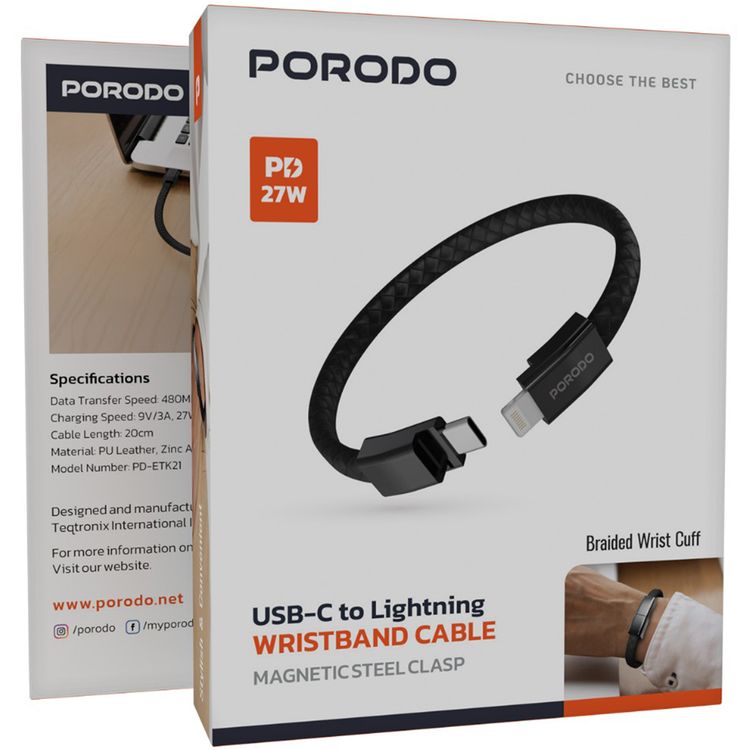 Porodo USB-C to Lightning Wristband Cable with Magnetic Steel Clasp, 27W Power Delivery, 480Mbps Data Transfer Speed, Wearable Design, 20cm Cable Length, PU Leather & Zinc Alloy Material - Black