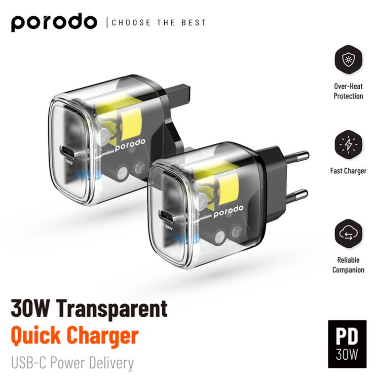 Porodo UK Transparent Quick Charger with 30W USB-C Power Delivery, Overheat Protection, 0%-60% Charge in 35 Minutes, Fast Charging Support, Reliable Companion - Black