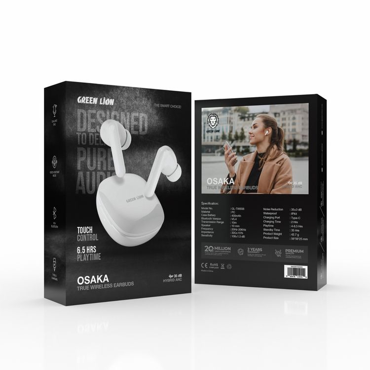 Green Lion Osaka True Wireless Earbuds with Hybrid ANC, Voice Assistant Mode, Touch Control, Dual Mic ENC, 10 Meters Transmission Range - White  
