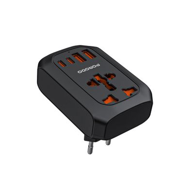 Porodo Universal AC Adapter Multi-Device Charging EU Plug, 20W PD, Universal Socket + 2 USB-A & 2 USB-C Ports, 100-260V, 50/60Hz Rated Frequency, Built-In Safeguards, Simultaneous Charging, Universal Socket - Black 