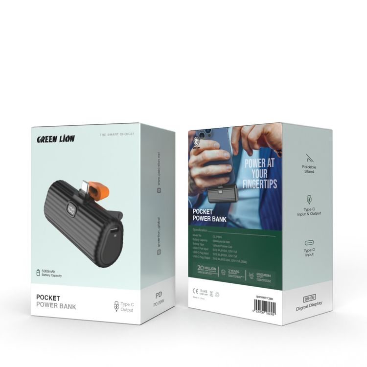Green Lion Pocket 5000mAh Power Bank with Type-C Output, Compact and Portable, Foldable Stand, Lithium-Ion Cell battery, Digital Display, Type-C Input & Output - Black