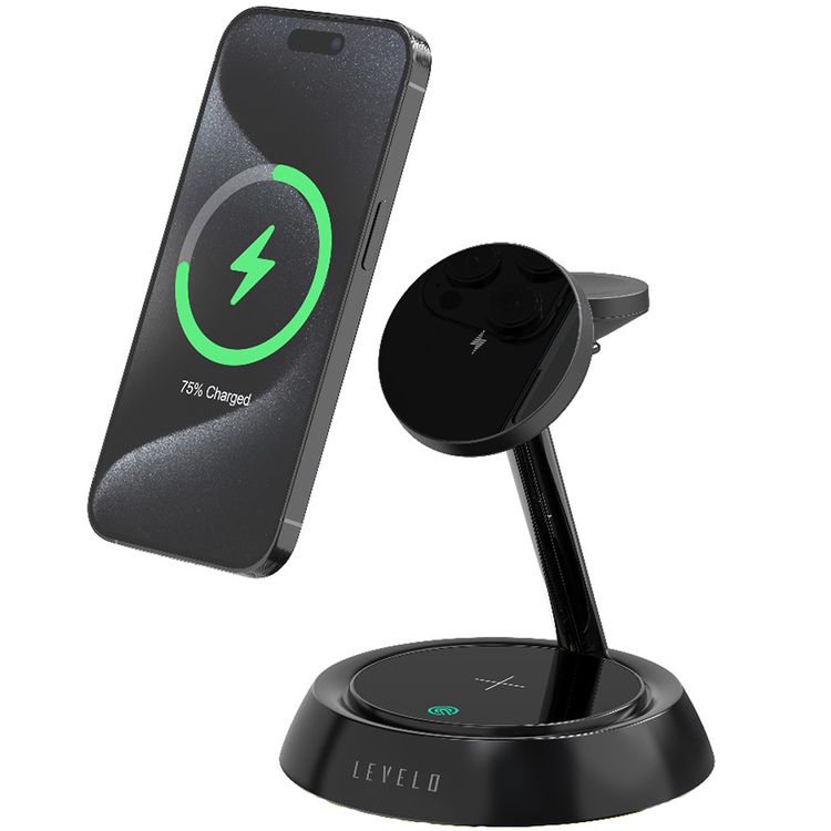 Levelo Sienese 3-in-1 Wireless Charger with MagSafe Compatibility, 15W Output Power, 0.8kg Magnetic Attraction, Heat Dissipation System, Anti-Slip Mat, Night Light - Black