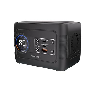 محطة الطاقة المحمولة Porodo Forcebase مع إضاءة LED متعددة الأنماط، طاقة تيار متردد قوية بقوة 150 واط، سعة بطارية 76.96 واط ساعة، منافذ إخراج متعددة، شاشة رقمية LED - باللون الأسود.
