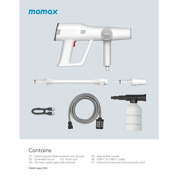 Momax Clean Jug Portable Pressure Car Cleaner with 145W Power, 25 Minutes Working Time, 15000mAh Battery, 17 Bar Water Pressure, 156L/h Flow Rate - White