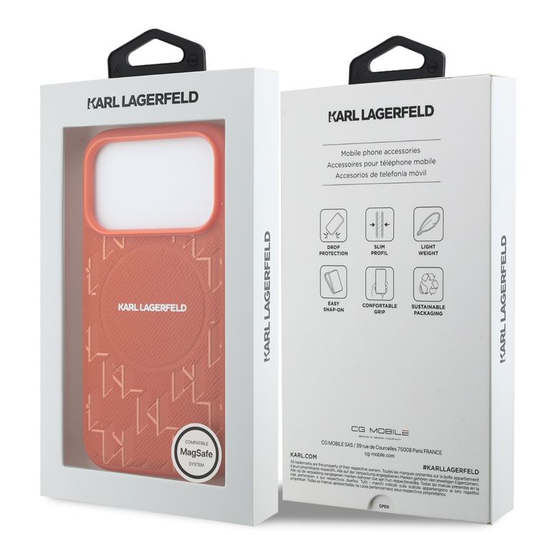 Karl Lagerfeld MagSafe Full Wrapped Leather Case with KL Monogram for iPhone 17 Pro, Slim Profile, Drop Protection, Lightweight, Comfortable Grip - Orange