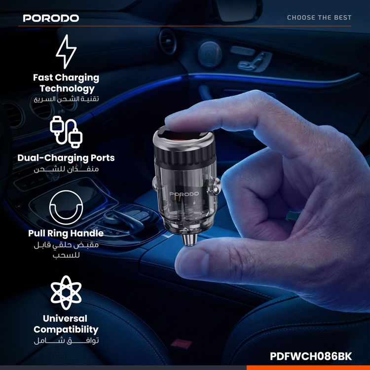 Porodo Dual Port Transparent Car Charger with PD 36W, QC 18W, USB-A & USB-C Ports, Pull Ring Handle, Fast Charging Technology, Smart Charging Protocols, Universal Compatibility - Black
