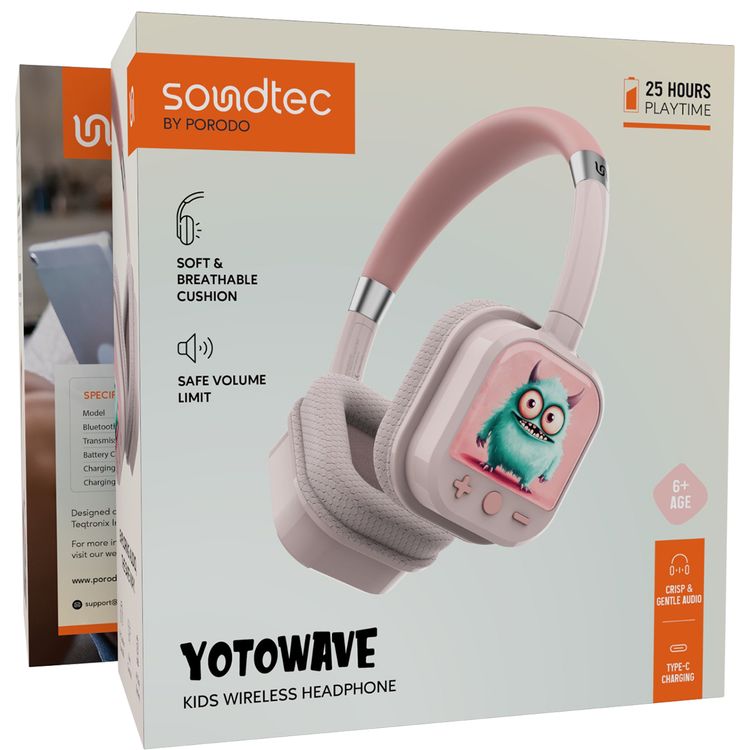 Porodo Soundtec Yotowave Kids Wireless Headphones with Comfortable & Breathable Cushion, 200mAh Battery, Up to 25 Hours Play Time, 40mm Speaker Size, Bluetooth Version 5.4, Recommended for Kids Aged 6+, Skin-Friendly Material, Safe Volume Limit - Pink