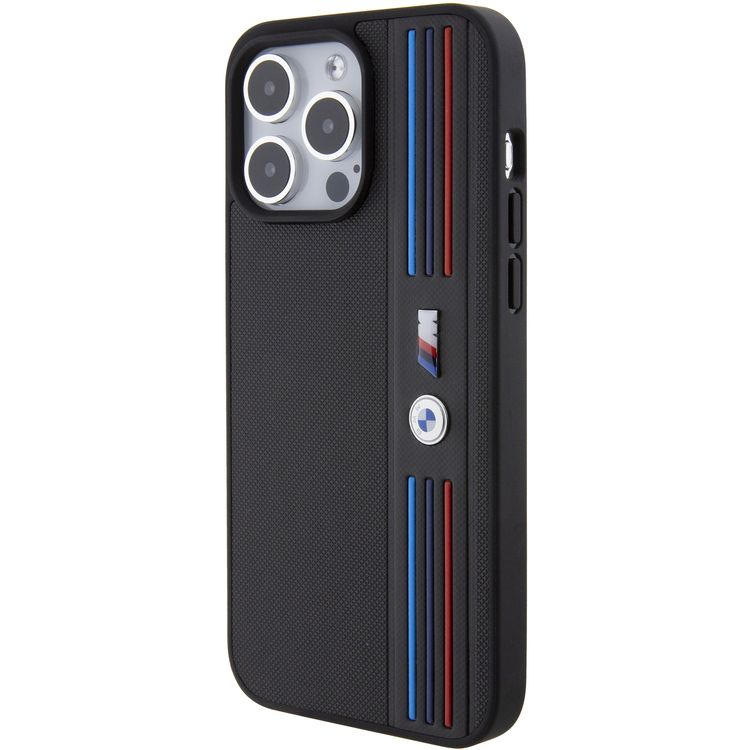 BMW M PU Leather Case with Mesh Tricolor Pattern for iPhone 15 Pro