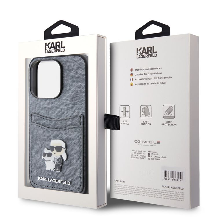 Karl Lagerfeld Saffiano Case with Cardslots and Karl Legerfeld Choupette Heads Metal Pin - Grey - iPhone 15 Pro