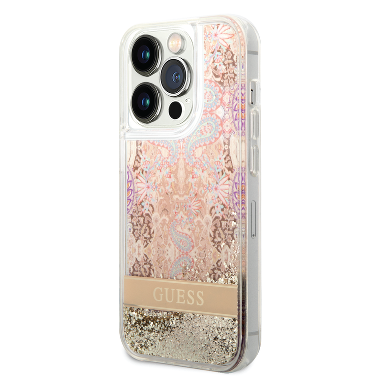Guess Liquid Glitter Case with Flower Pattern Extra Shine Smooth Touch Feel iPhone 14 Pro Max Compatibility - Gold