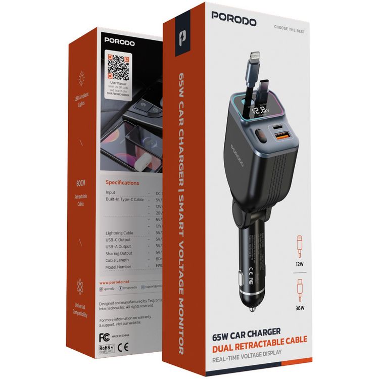 Porodo 65W Car Charger with Dual Retractable Cables, Real-Time Voltage Display, Type-C & Lightning Cable Types, USB-A & USB-C Ports, Universal  Compatibility - Black