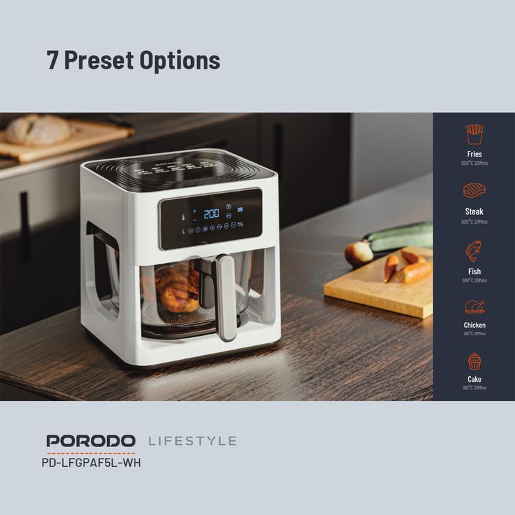 Porodo Lifestyle Glass Pot Air Fryer with a Touch Panel,1000W Rated Power, 5 Liter Capacity, 80-200°C Temperature Control - White