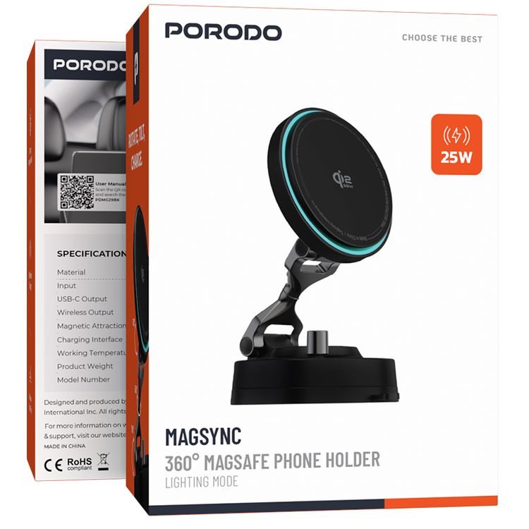 Porodo Magsync 360° MagSafe Phone Holder with Lighting Mode, 25W Fast Wireless Charging, Strong Magnetic Hold, Adhesive Base Grip, 1.6 kg Magnetic Attraction, 0°C ~ 40°C Working Temperature, USB-C Charging Port, Zinc Alloy Material - Black