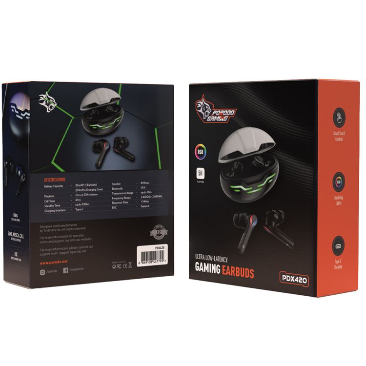 Porodo Gaming Ultra Low-Latency Gaming Earbuds, 5h Playtime, Bluetooth 5.4, ENC Support, RGB Breathing Lights, 200mAh Battery Capacity, 1000h Standby Time, Type-C Charging - Black  