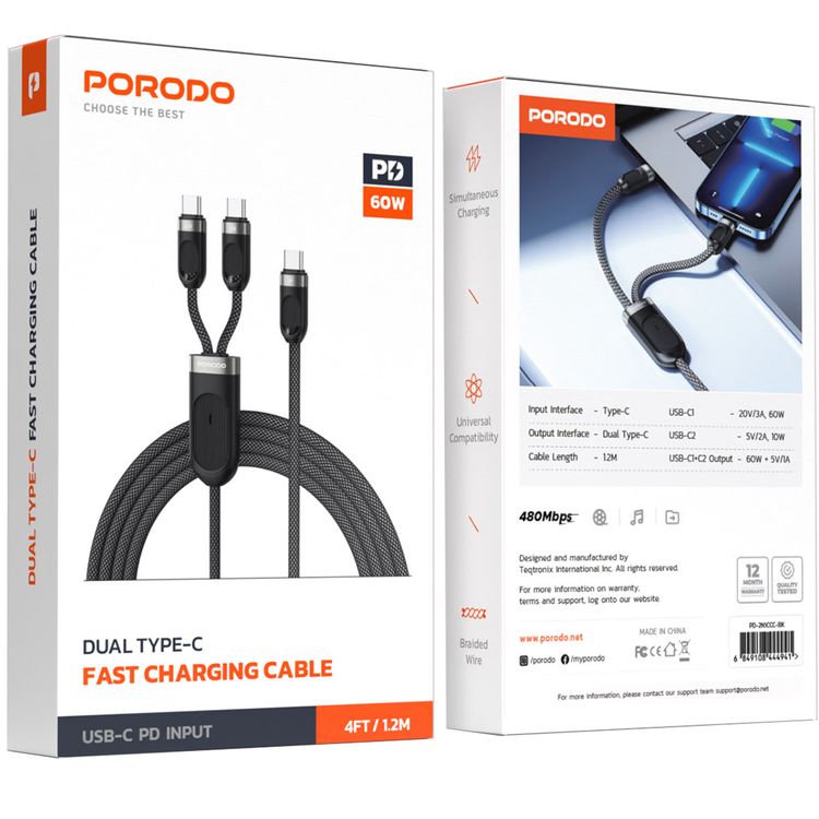 كابل شحن سريع من نوع Porodo Dual Type-C مع واجهة إدخال Type-C، شحن متزامن، توافق عالمي، مخرج USB-C1 بقدرة 60 واط، مادة خارجية مضفرة - أسود