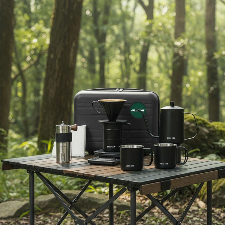 Green Lion V-60 Pro Coffee Maker Set with Gooseneck Kettle, 100 Paper Filters, Precision Scale, Pour-Over Dripper, Adjustable Grinder, 2 Stainless Steel Cups, Travel Case Included - Black