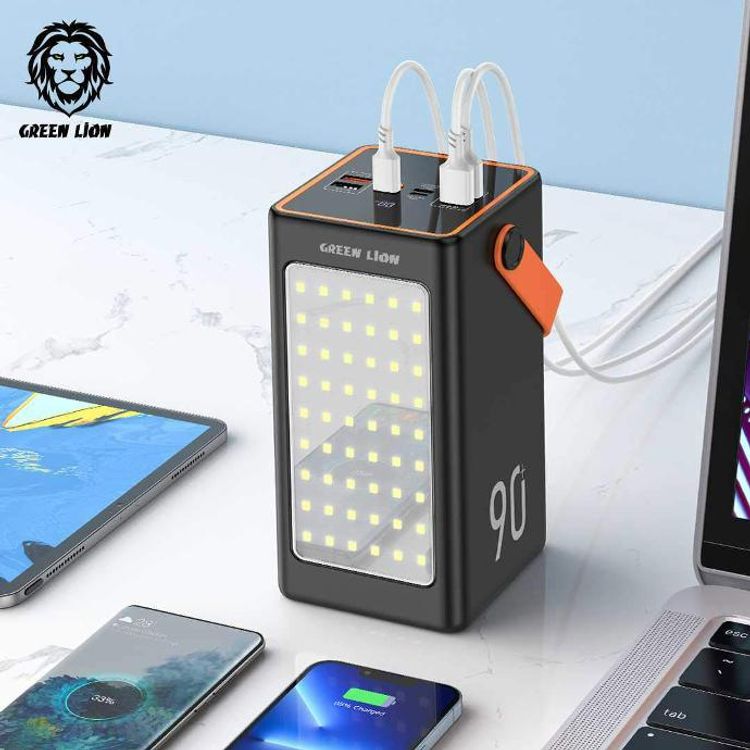 Green Lion Thunder 90 Power Bank, 90000mAh, PD 20W, QC3.0 22.5W, Micro / Type-C / Lightning Input Ports, Integrated Table Lamp, 5 Output Ports, Portable, Multi Protection  - Black