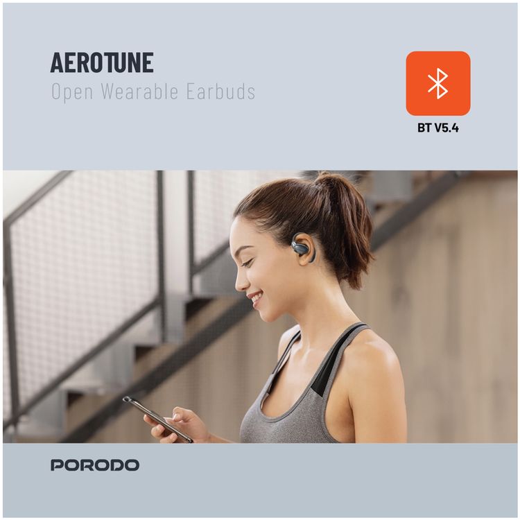 Porodo Soundtec Aero Tune Earbuds with  Touch Controls, HiFi Stereo, Crisp Microphone, Rich Bass, Up to 10m Transmission Range, Compact and Lightweight Design - Black