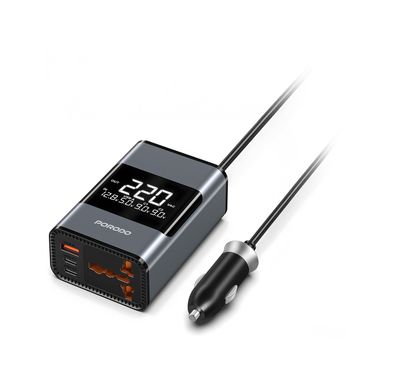 Porodo Universal AC Car Power Inverter with Voltage Monitor, 200W Output Power, AC Socket, USB-A & Dual USB-C Output Ports, PD 36W Max USB-C Output, 24W Max USB-A Output, 70cm Cable Length, Safety Power Switch, Smart Cooling Fan - Gray